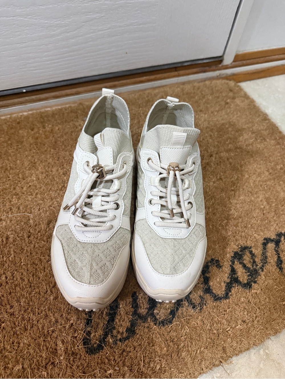 Zara Women's Cream Casual Knit-Panel Sneakers 37.5